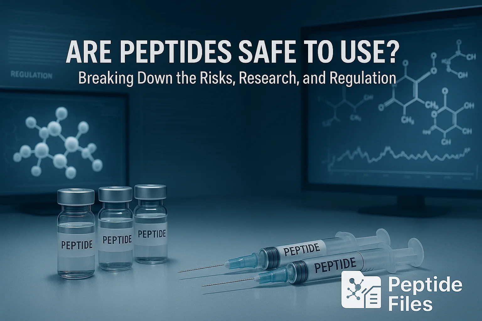 Clinical visual of peptide molecule analysis with overlays of safety risks, research studies, and regulatory framework highlights.