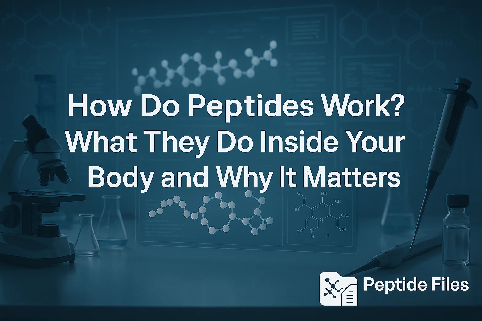 Photorealistic biotech lab with peptide molecule diagrams, scientific equipment, and the title "How Do Peptides Work? What They Do Inside Your Body and Why It Matters" displayed on screen, with PeptideFiles logo in the corner.