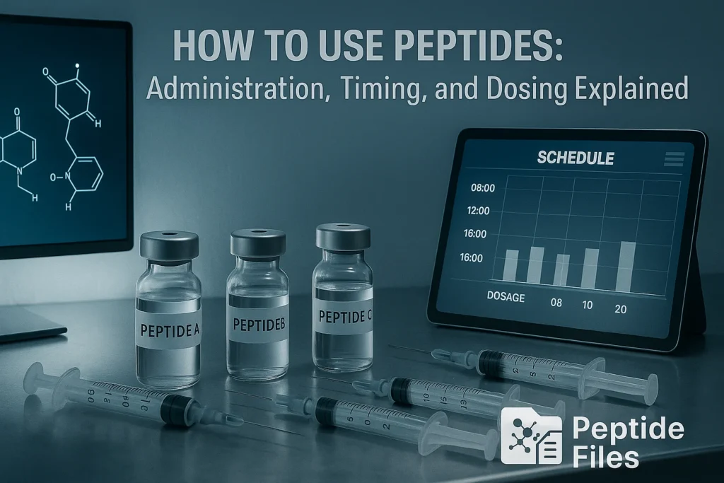 Peptide vials and syringes on a lab bench with a digital tablet showing dosage schedule, under the heading “How to Use Peptides: Administration, Timing, and Dosing Explained,” and the PeptideFiles logo at the bottom