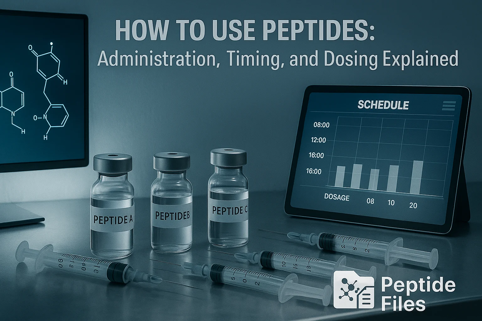 Peptide vials and syringes on a lab bench with a digital tablet showing dosage schedule, under the heading “How to Use Peptides: Administration, Timing, and Dosing Explained,” and the PeptideFiles logo at the bottom