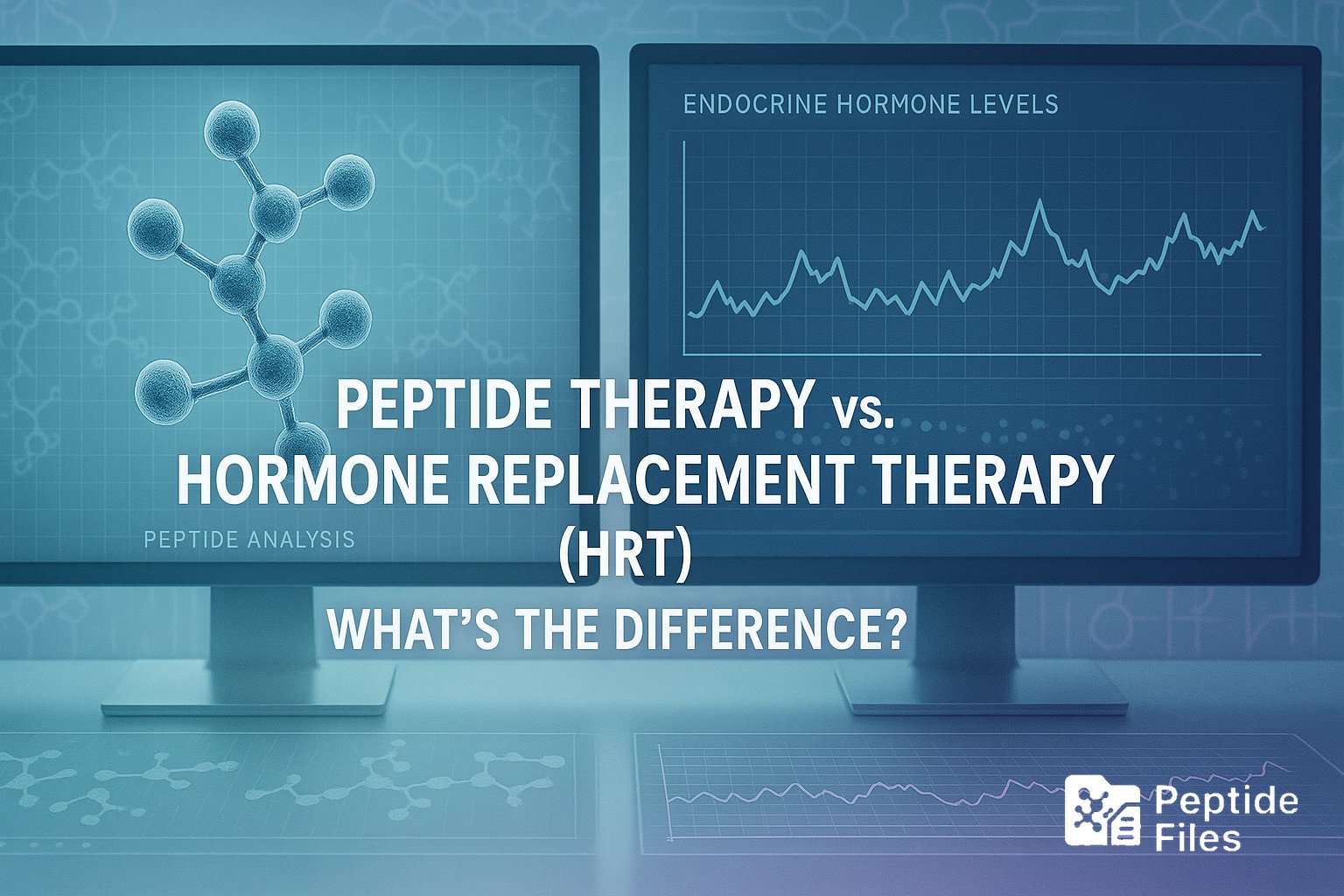 Split-screen medical interface comparing peptide therapy and hormone replacement therapy (HRT) with molecular structures and hormone level graphs.