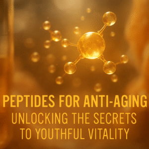 Regenerative peptide molecules suspended in amber fluid, symbolizing anti-aging and cellular renewal