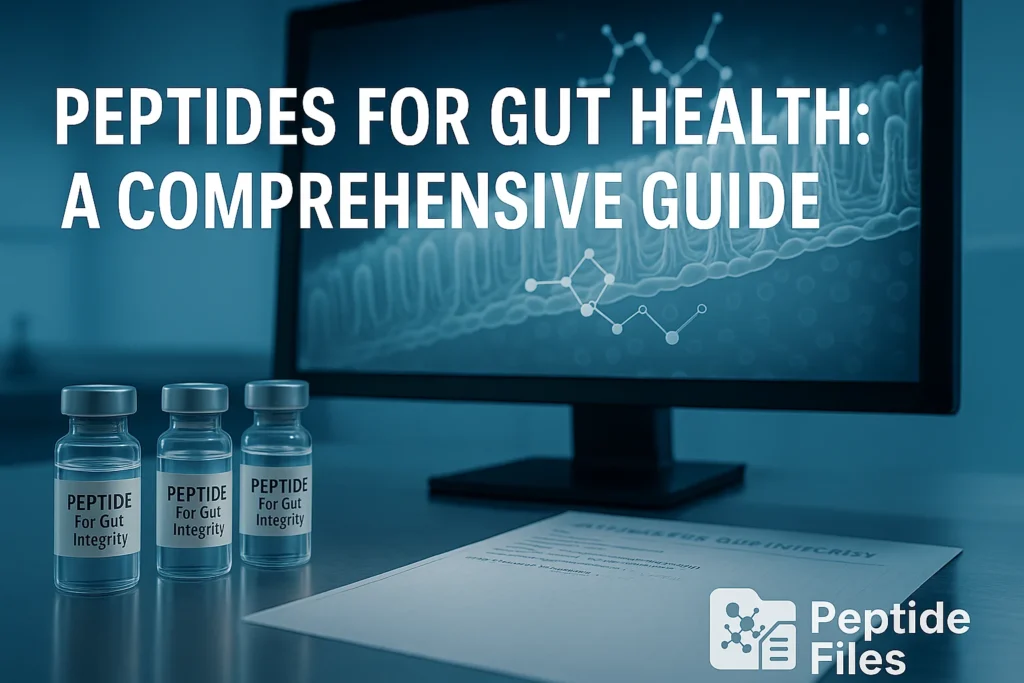 Three vials labeled “Peptide for Gut Integrity” in a lab setting with a screen showing gut lining and molecular diagrams, alongside the headline “Peptides for Gut Health: A Comprehensive Guide” and PeptideFiles logo in the bottom right