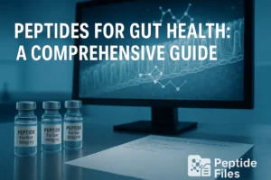 Three vials labeled “Peptide for Gut Integrity” in a lab setting with a screen showing gut lining and molecular diagrams, alongside the headline “Peptides for Gut Health: A Comprehensive Guide” and PeptideFiles logo in the bottom right