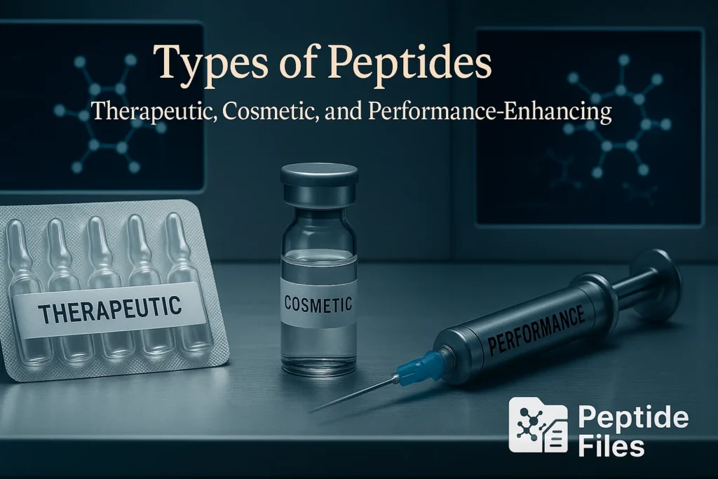 Three labeled peptide products on a lab table—therapeutic ampoules, a cosmetic vial, and a performance syringe—under the heading "Types of Peptides: Therapeutic, Cosmetic, and Performance-Enhancing" with PeptideFiles logo visible