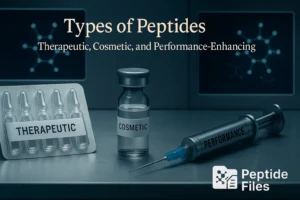 Three labeled peptide products on a lab table—therapeutic ampoules, a cosmetic vial, and a performance syringe—under the heading "Types of Peptides: Therapeutic, Cosmetic, and Performance-Enhancing" with PeptideFiles logo visible