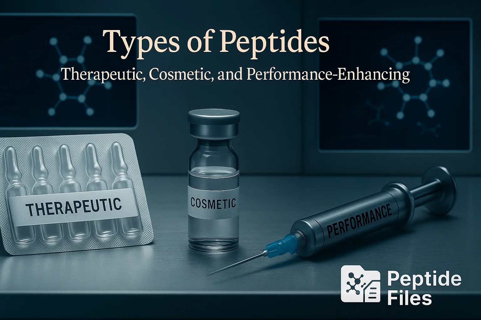 Three labeled peptide products on a lab table—therapeutic ampoules, a cosmetic vial, and a performance syringe—under the heading "Types of Peptides: Therapeutic, Cosmetic, and Performance-Enhancing" with PeptideFiles logo visible