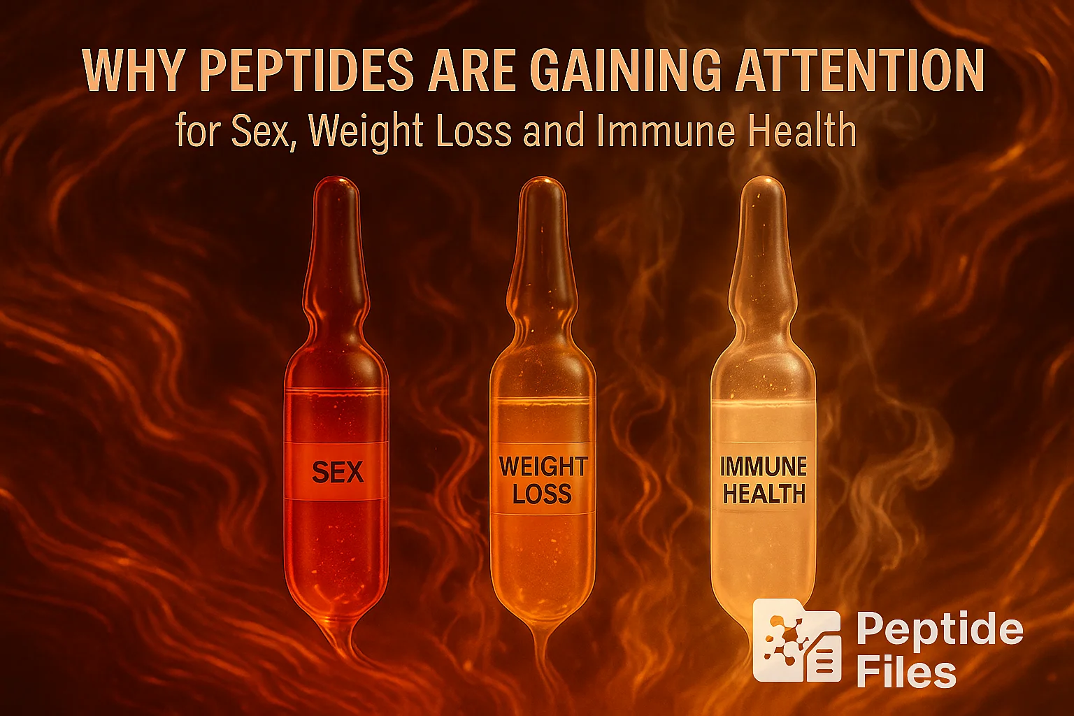 Three glowing peptide ampoules labeled SEX, WEIGHT LOSS, and IMMUNE HEALTH with swirling orange vapor, under the headline “Why Peptides Are Gaining Attention” and PeptideFiles logo in the bottom right