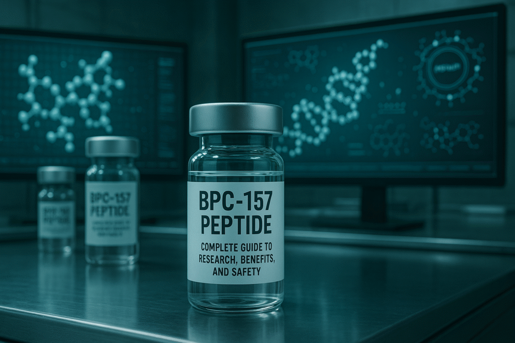 Photorealistic lab scene showing labeled BPC-157 peptide vials with molecular modeling screens in an icy teal chrome biotech lab