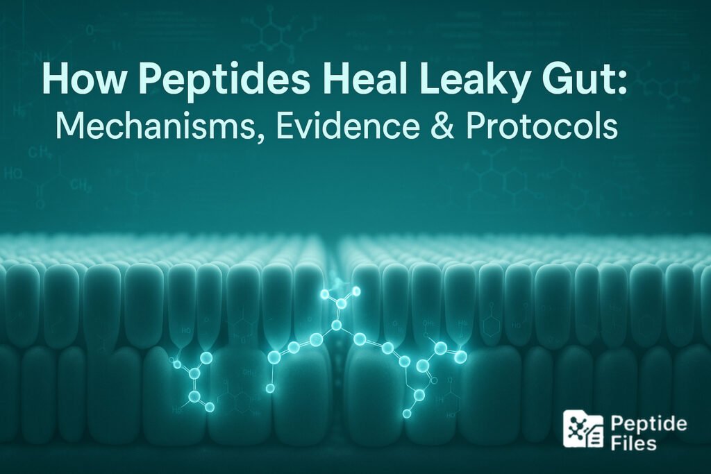 Photorealistic image of intestinal epithelial cells in a sterile biomedical lab, showing peptide molecules reinforcing cell junctions under cold Arctic Mint Light, with molecular structures and data overlays.