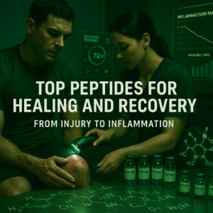 Athlete receiving peptide-based light therapy for injury recovery, surrounded by peptide vials, molecular charts, and green holographic inflammation data