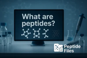 Photorealistic lab setup with digital screen showing peptide molecular structures, surrounded by vials and a pipette, under cold blue lighting