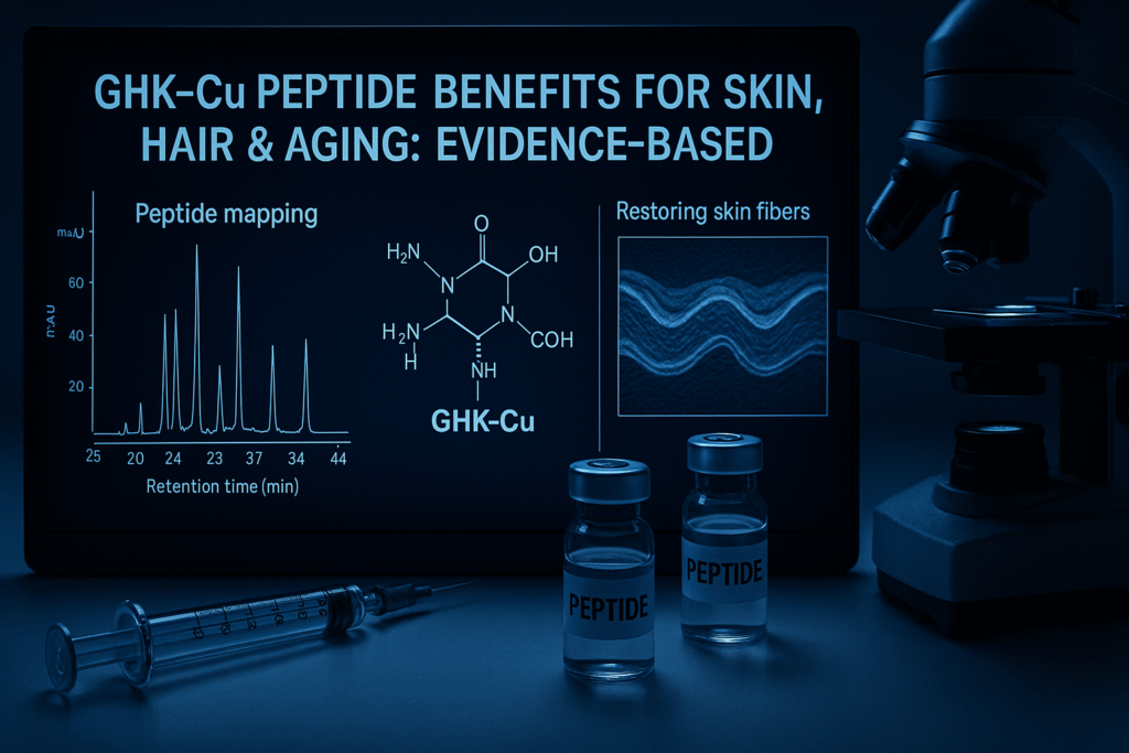 GHK-Cu peptide structure on digital screen with peptide mapping data, vials, syringe, and microscope showing restored skin fibers