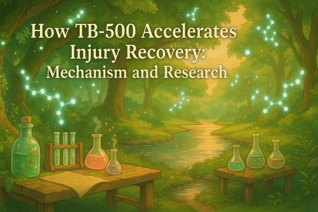 Studio Ghibli-style forest lab with floating TB-500 peptide molecules, glass vials, and a healing stream under golden light