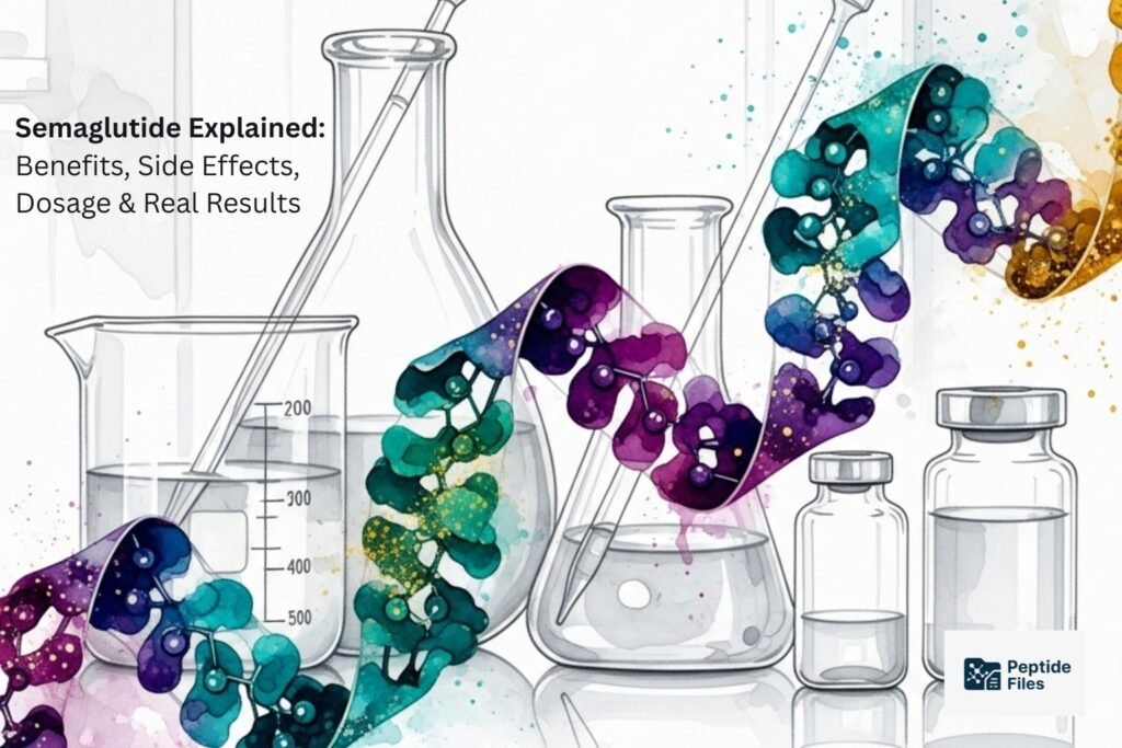 An artistic watercolor of a flowing peptide chain in a laboratory, illustrating the research and science behind how peptides like Semaglutide work.
