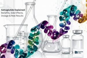 An artistic watercolor of a flowing peptide chain in a laboratory, illustrating the research and science behind how peptides like Semaglutide work.
