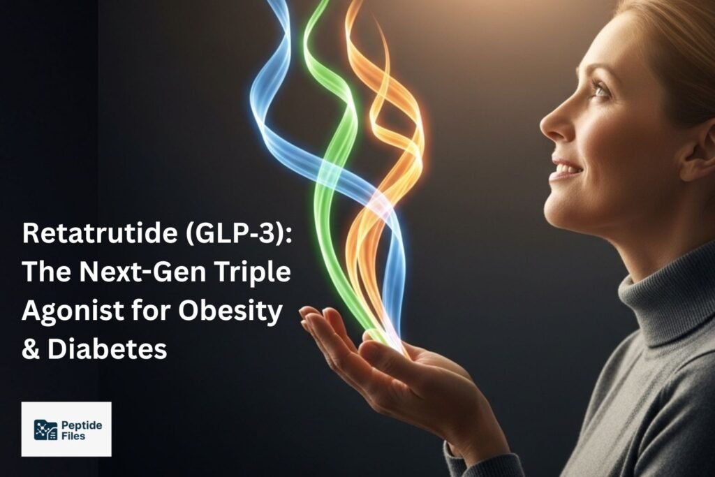 Woman with colorful light strands representing Retatrutide GLP-3, the triple agonist for obesity and diabetes treatment.